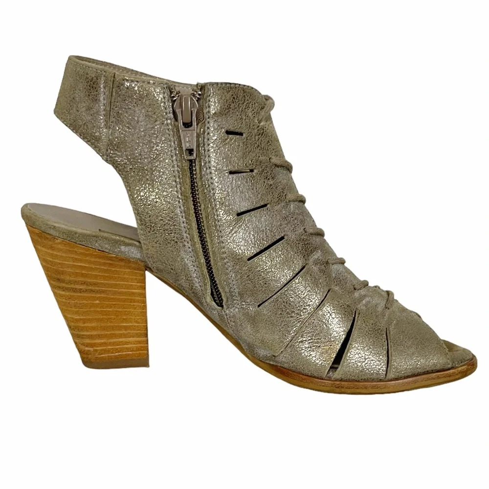 COSMO Paul Green Silver Metallic Cutout Leather Lace-up Peep Toe Ankle Bootie